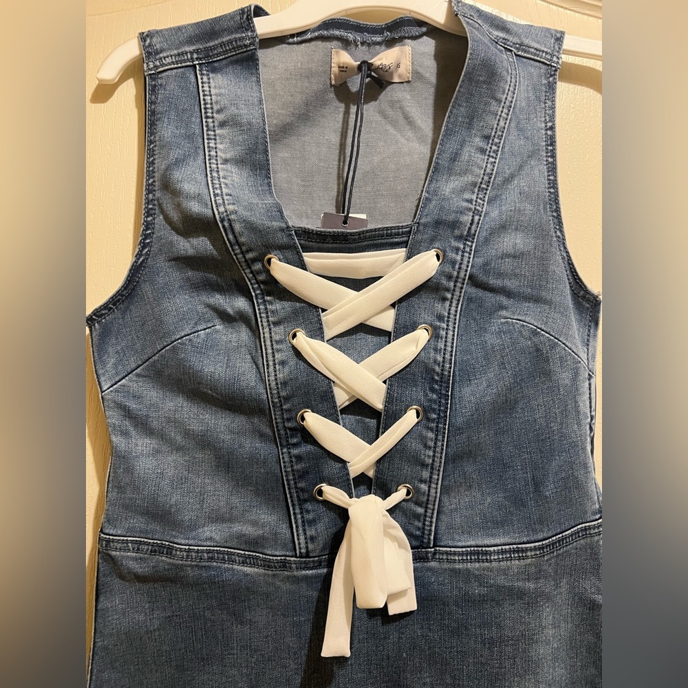 New Lola Jeans 4Way stretch Denim Dress elegant white bow wear w/white Addidas - Picture 2 of 11